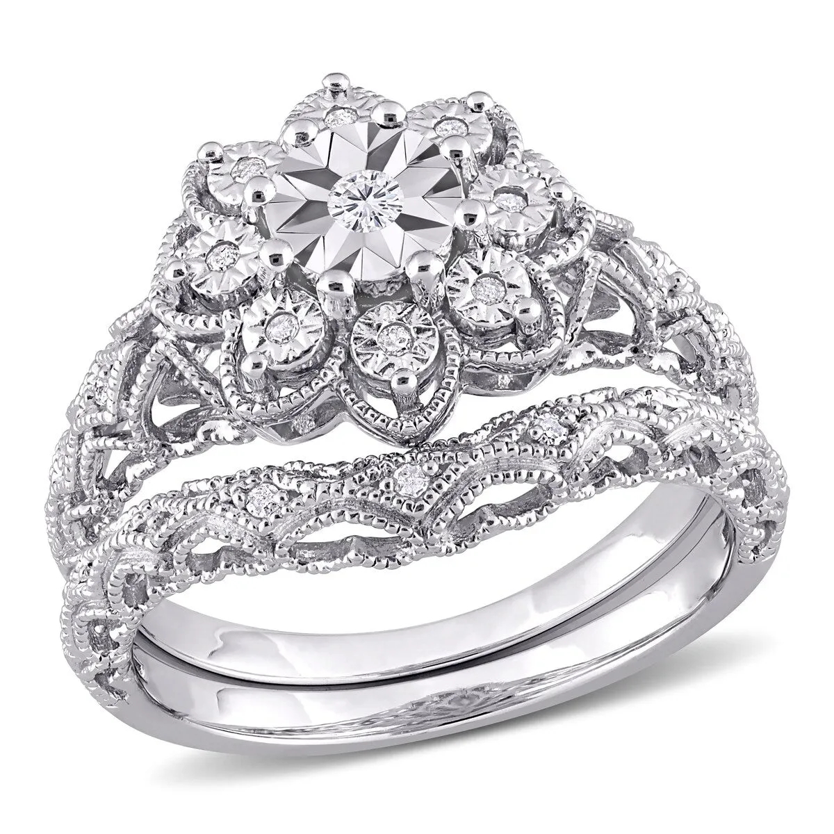 Miadora Sterling Silver 1/10ct TDW Diamond Floral Vintage Bridal Ring Set sold by Zulily product image thumbnail 2