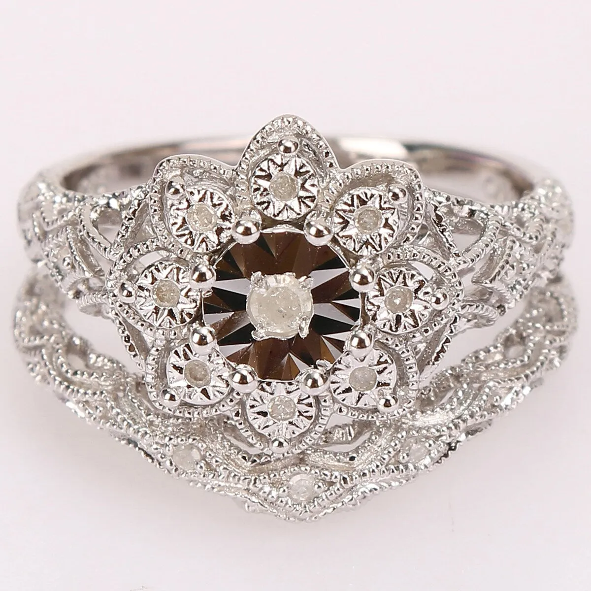 Miadora Sterling Silver 1/10ct TDW Diamond Floral Vintage Bridal Ring Set sold by Zulily