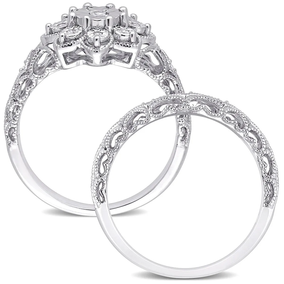 Miadora Sterling Silver 1/10ct TDW Diamond Floral Vintage Bridal Ring Set sold by Zulily product image thumbnail 5
