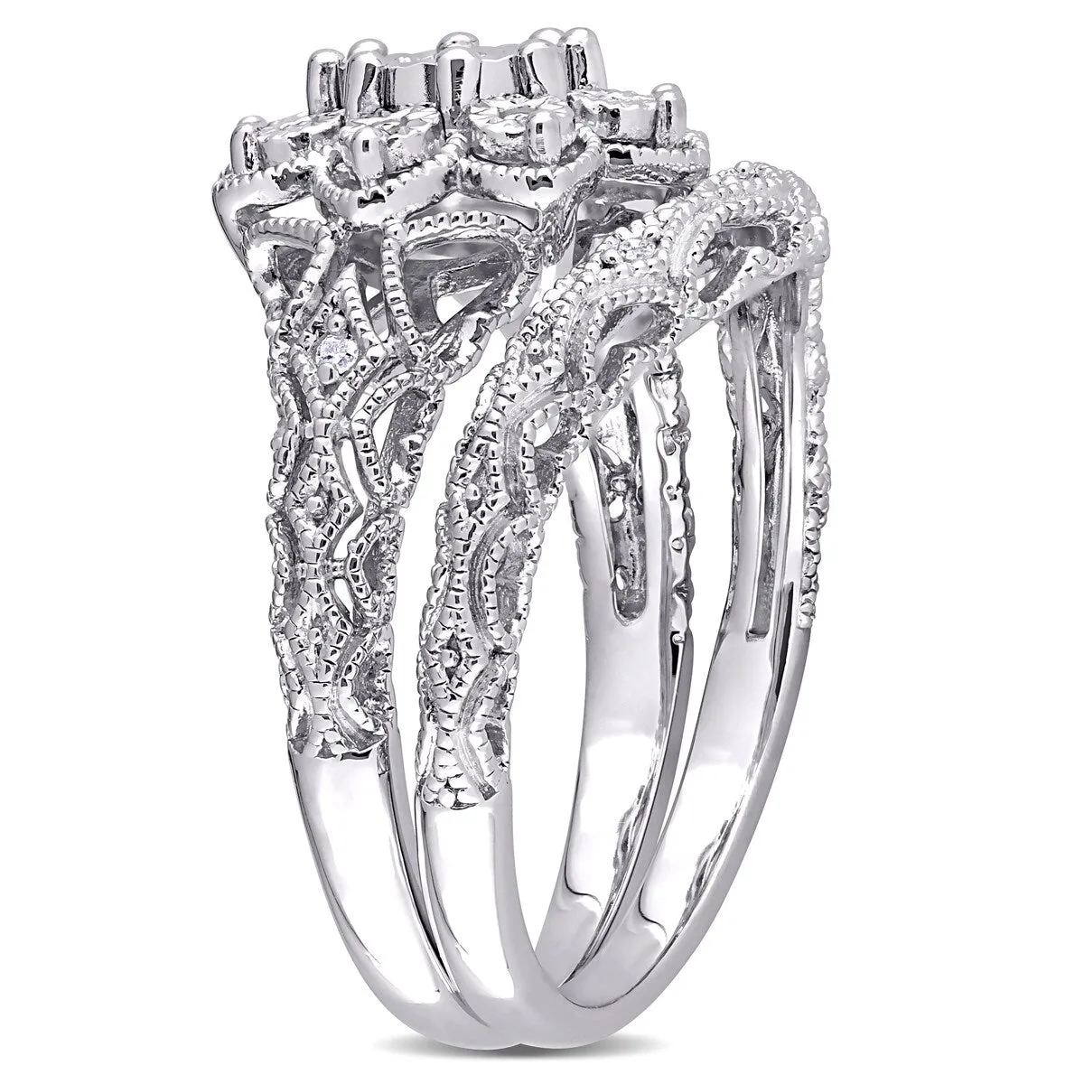 Miadora Sterling Silver 1/10ct TDW Diamond Floral Vintage Bridal Ring Set sold by Zulily product image thumbnail 4
