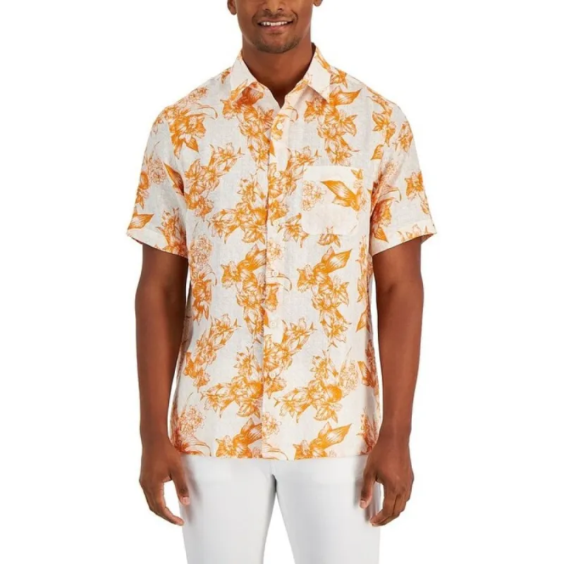Club Room Men's Floral Weave Linen Short Sleeve Button Up Shirt Orange Size Small sold by Zulily