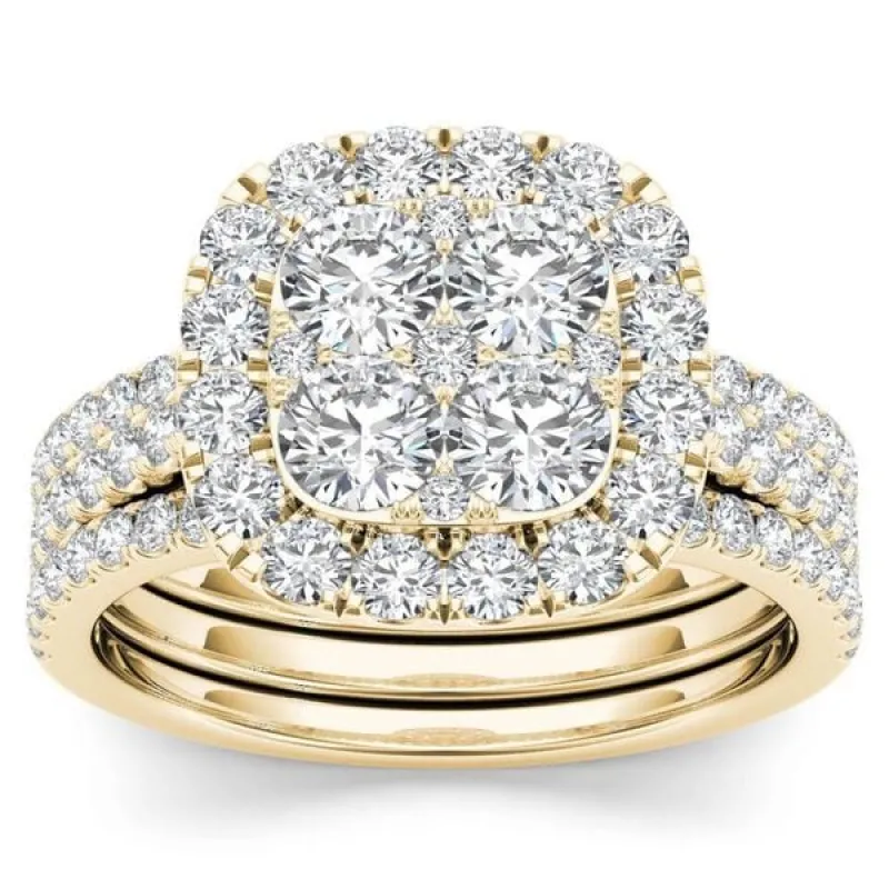 De Couer IGI Certified 14k Yellow Gold 2ct TDW Diamond Halo Engagement Ring Set with Two Bands sold by Zulily