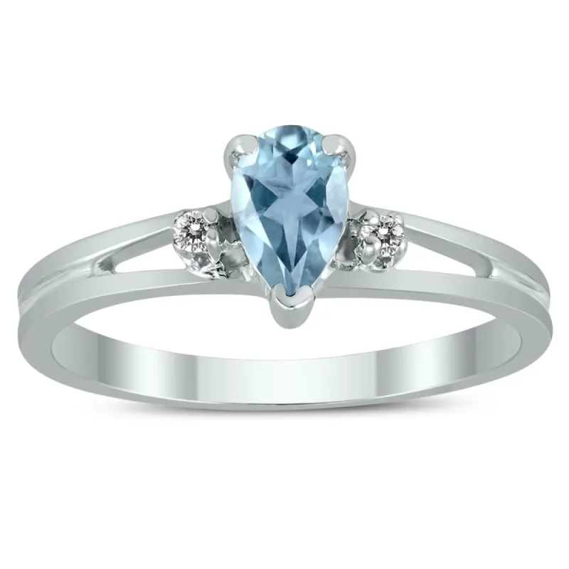 6X4MM Aquamarine and Diamond Pear Shaped Open Three Stone Ring in 10K White Gold sold by Zulily