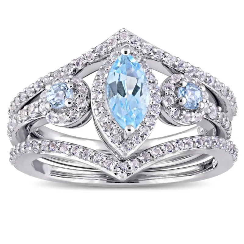 Miadora Sterling Silver Marquise-Cut Sky-Blue Topaz and White Topaz Three-Piece Ring Set - Blue sold by Zulily