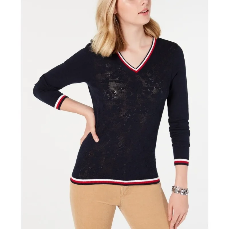 Tommy Hilfiger Women's Cotton Pointelle Striped Trim Sweater Blue Size XX-Large - 2XL sold by Zulily