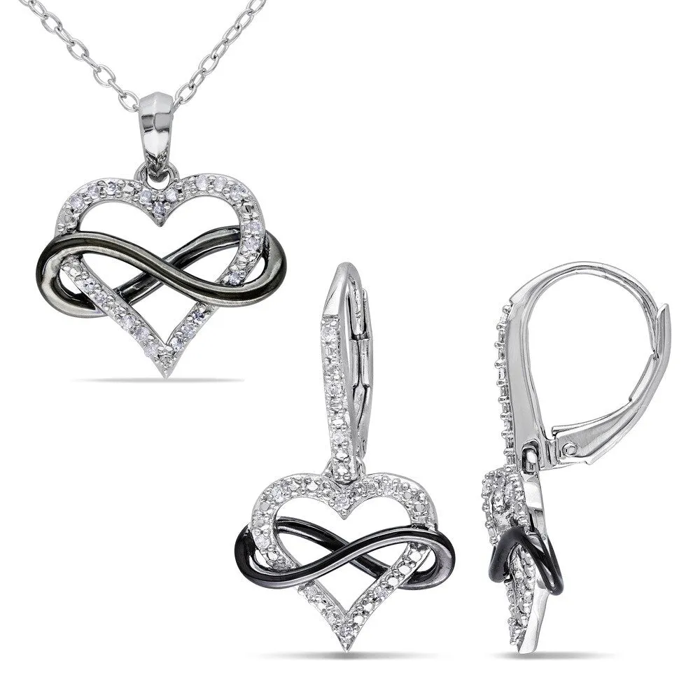 Miadora Sterling Silver 1/5ct TDW Diamond Heart Infinity Necklace and Earrings Set - Silver/Black sold by Zulily
