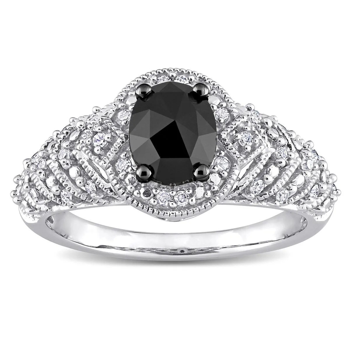 Miadora 10k White Gold 1ct TDW Oval-cut Black and White Diamond Halo Vintage Engagement Ring sold by Zulily product image thumbnail 3
