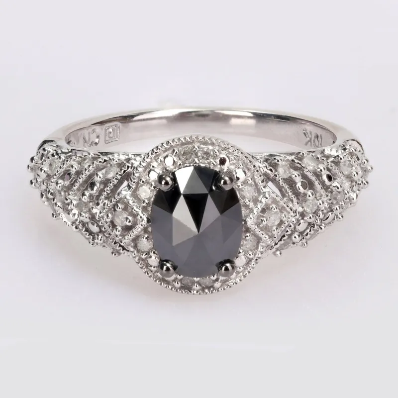 Miadora 10k White Gold 1ct TDW Oval-cut Black and White Diamond Halo Vintage Engagement Ring sold by Zulily