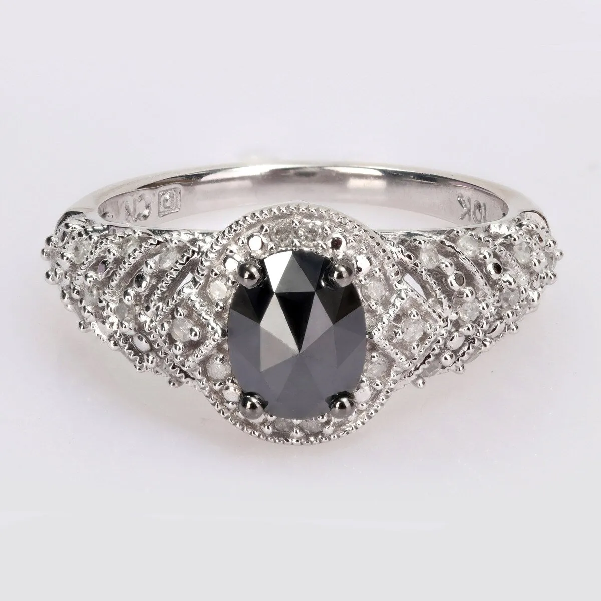 Miadora 10k White Gold 1ct TDW Oval-cut Black and White Diamond Halo Vintage Engagement Ring sold by Zulily