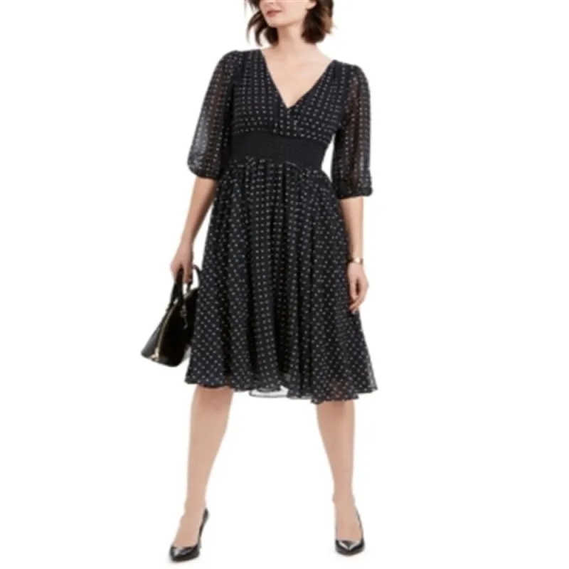 NY Collection Women's Dot Print Balloon Sleeve Dress -Black Size Petite S sold by Zulily