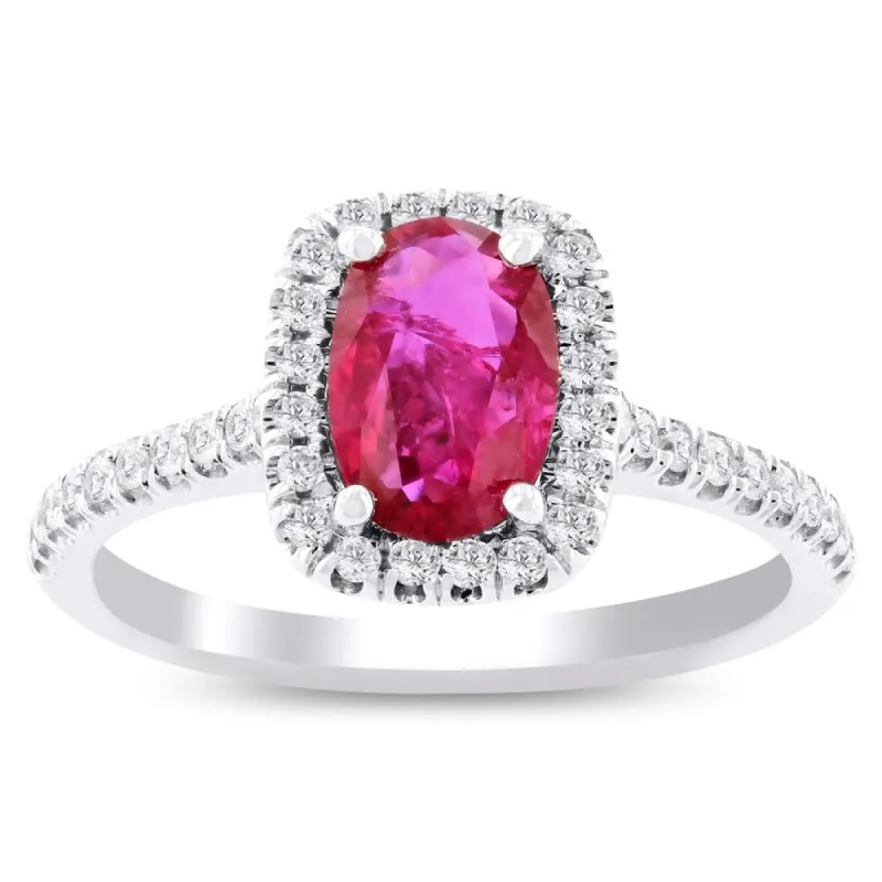 Auriya 18k White Gold GIA Certified 1ct Oval-Cut Rare Unheated Ruby and 1/3ct TDW Diamond Halo Engagement Ring sold by Zulily