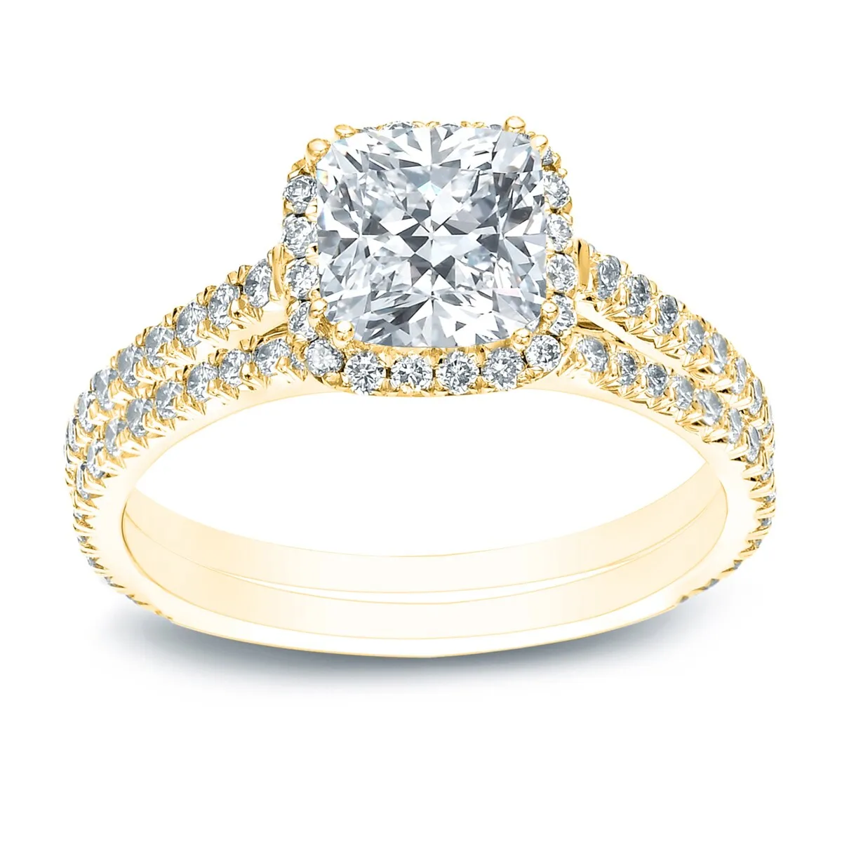 Auriya 14k Gold 2 ctw Cushion-cut Halo Diamond Wedding Ring Set sold by Zulily product image thumbnail 3