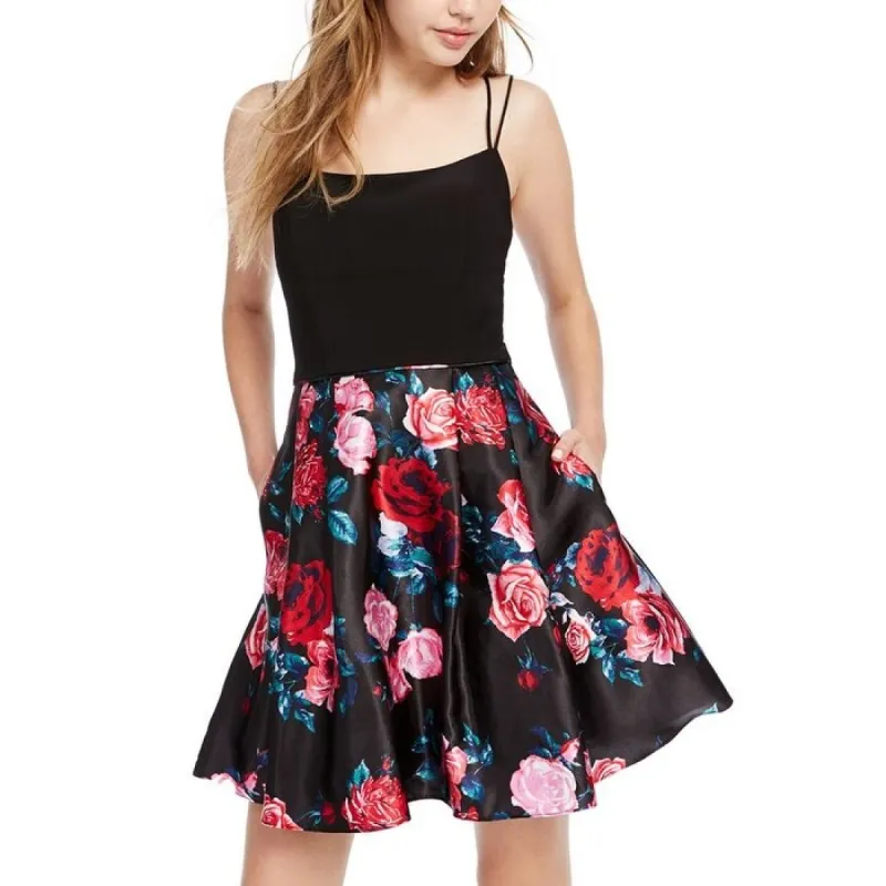 Blondie Women's Pockets Floral Spaghetti Strap Scoop Neck Short Party Fit Flare Dress Juniors Black Size 11 sold by Zulily