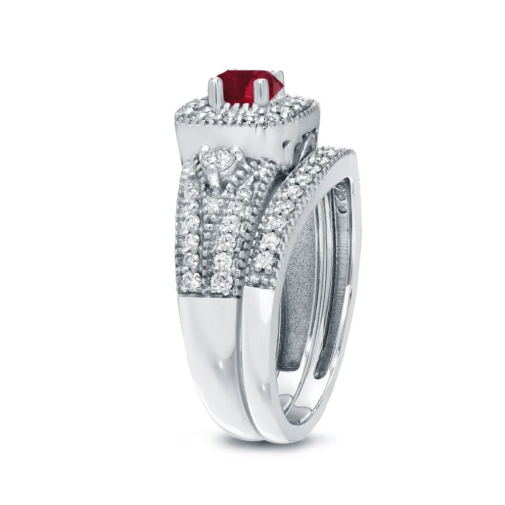 Auriya Vintage Inspired 1/5ct Red Ruby and 1/2ctw Halo Diamond Engagement Ring Set 14kt Gold sold by Zulily