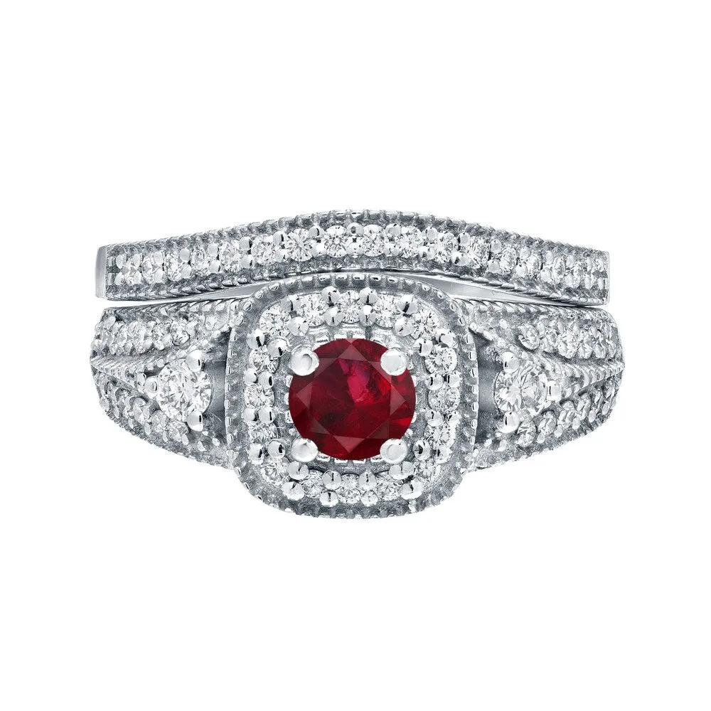 Auriya Vintage Inspired 1/5ct Red Ruby and 1/2ctw Halo Diamond Engagement Ring Set 14kt Gold sold by Zulily product image thumbnail 3