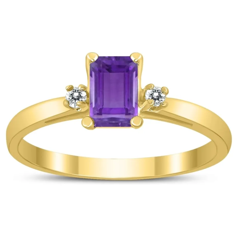 Emerald Cut 6X4MM Amethyst and Diamond Three Stone Ring in 10K Yellow Gold sold by Zulily
