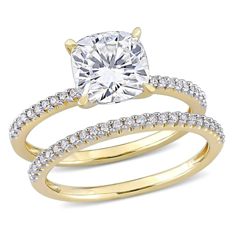 Miadora 2ct DEW Cushion-Cut Moissanite and 1/4ct TDW Diamond Bridal Ring Set in 14k Yellow Gold sold by Zulily