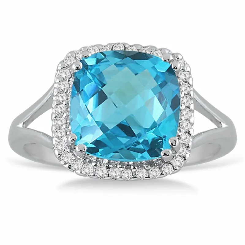 5 1/4 Carat Cushion Cut Blue Topaz and Diamond Ring in 14k White Gold sold by Zulily