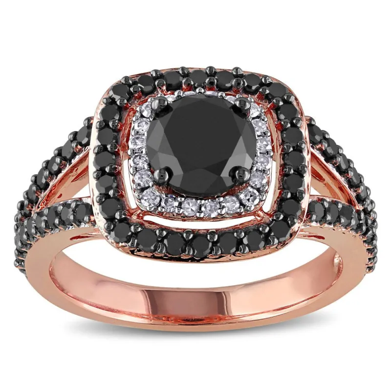 Miadora 14k Rose Gold 2ct TDW Black and White Diamond Double Halo Ring sold by Zulily
