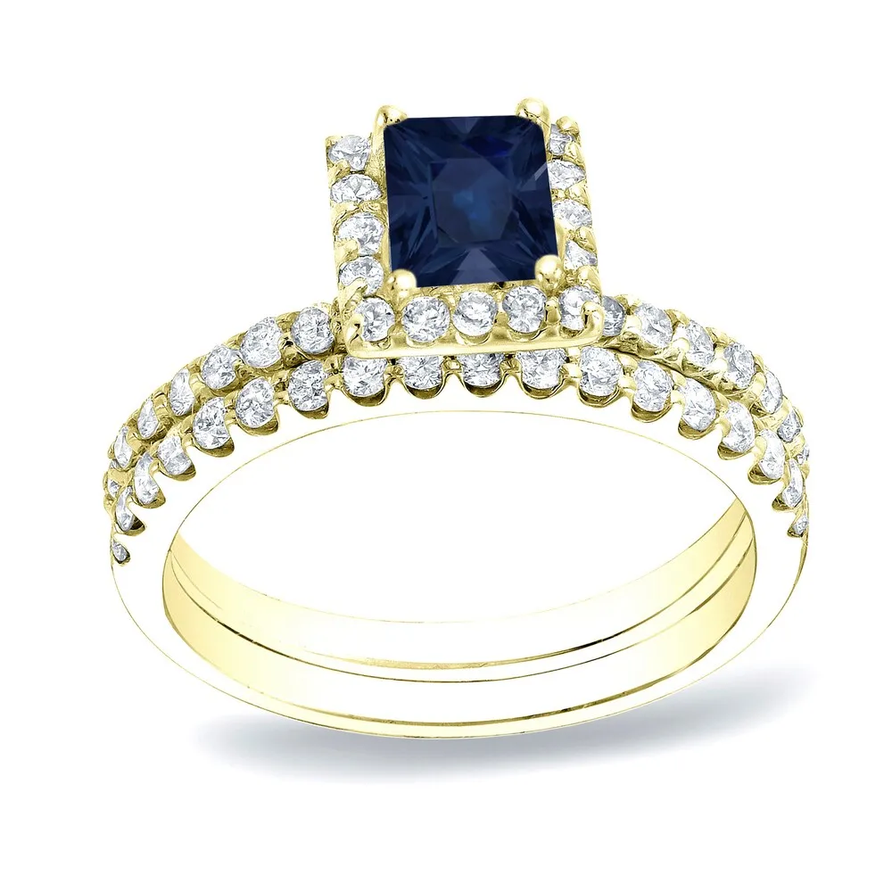 Auriya 14k Gold 1/2ct Princess-cut Sapphire and Diamond Halo Engagement Ring Set 3/4ctw sold by Zulily product image thumbnail 2