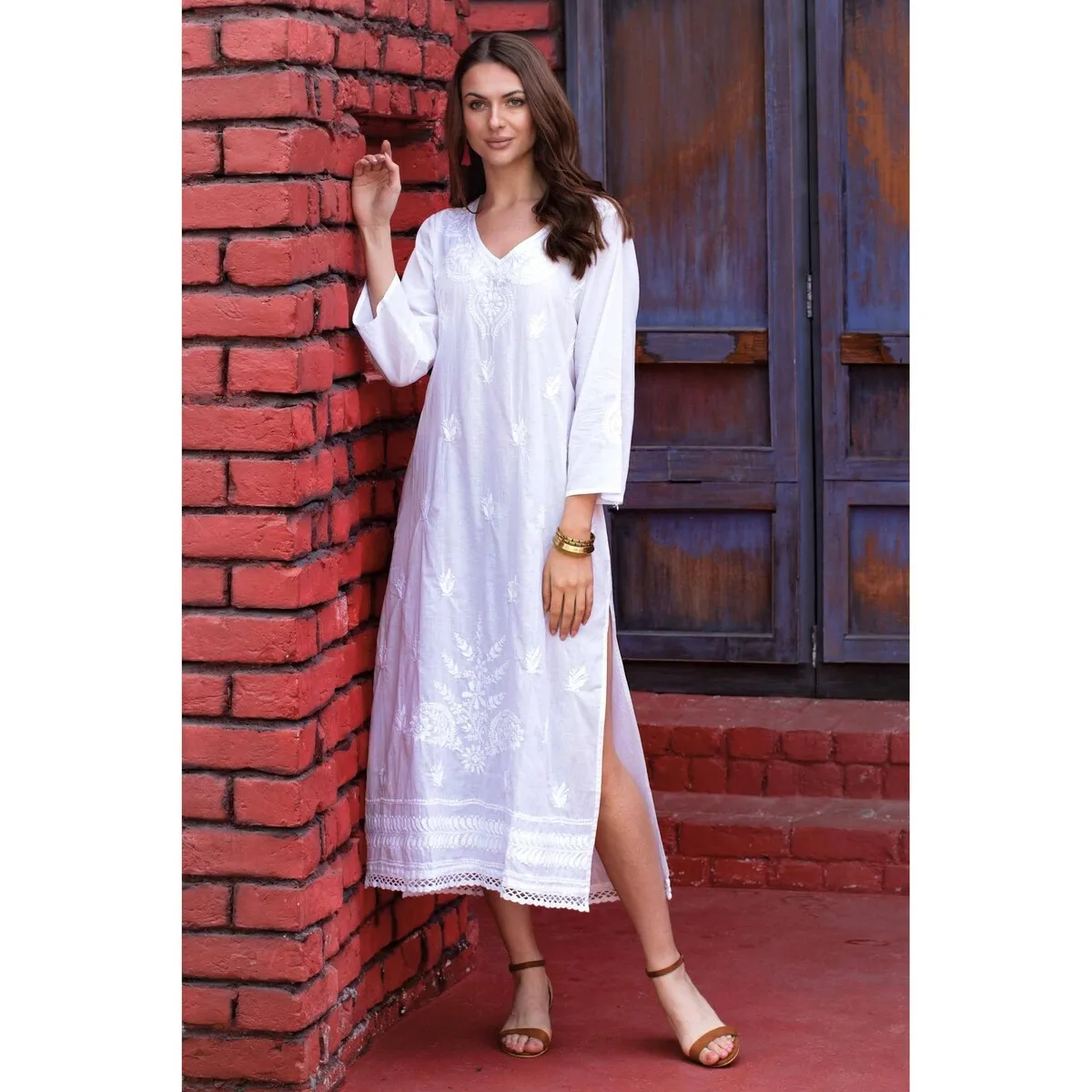 NOVICA Embroidered cotton caftan Lucknow Lily sold by Zulily product image thumbnail 4