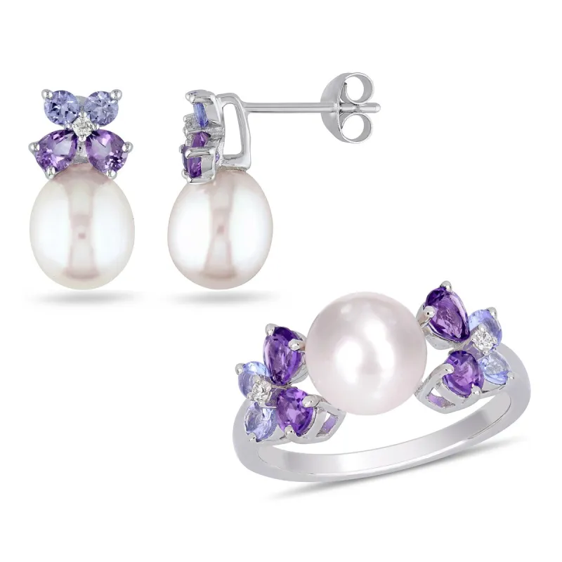 Miadora Sterling Silver Cultured FW Pearl Tanzanite Amethyst and Diamond Butterfly Jewelry Set (8-9 MM) sold by Zulily