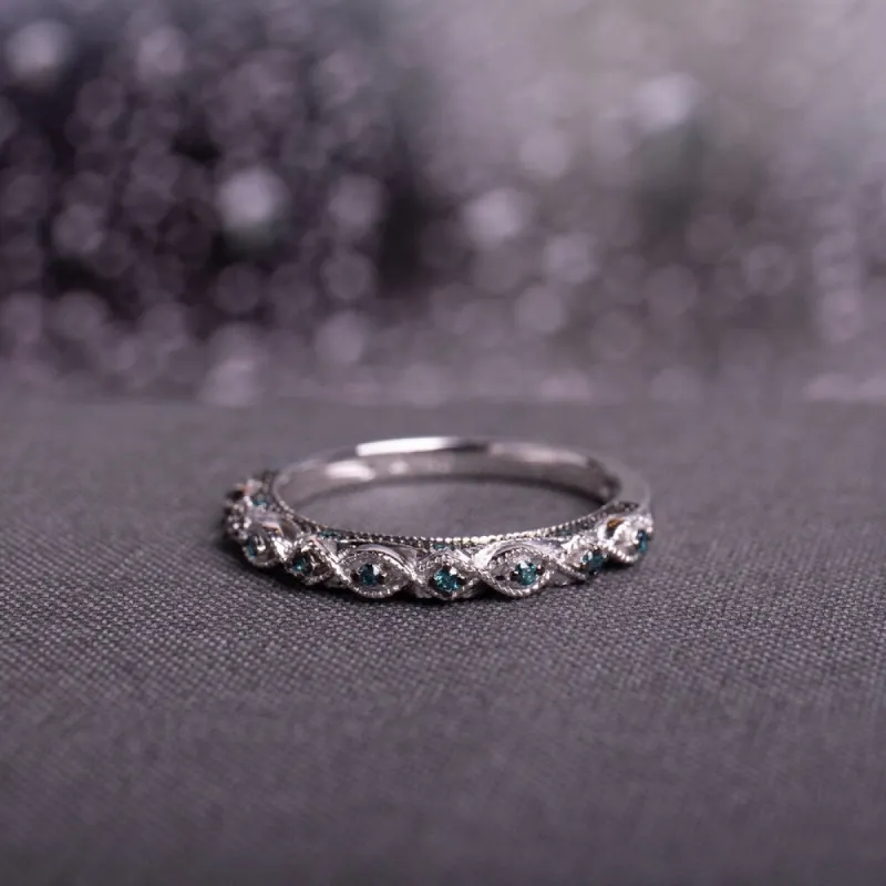 Miadora 10k White Gold 1/6ct TDW Blue Diamond Vintage Filigree Wedding Band sold by Zulily