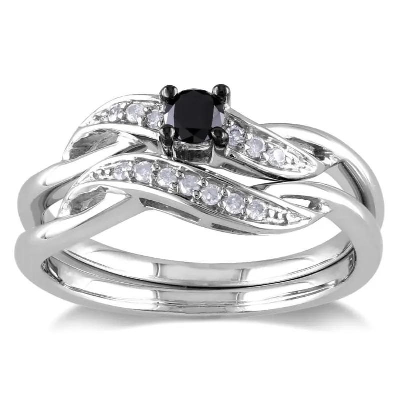 Miadora Sterling Silver 1/4ct TDW Black and White Diamond Crossover Bridal Ring Set sold by Zulily