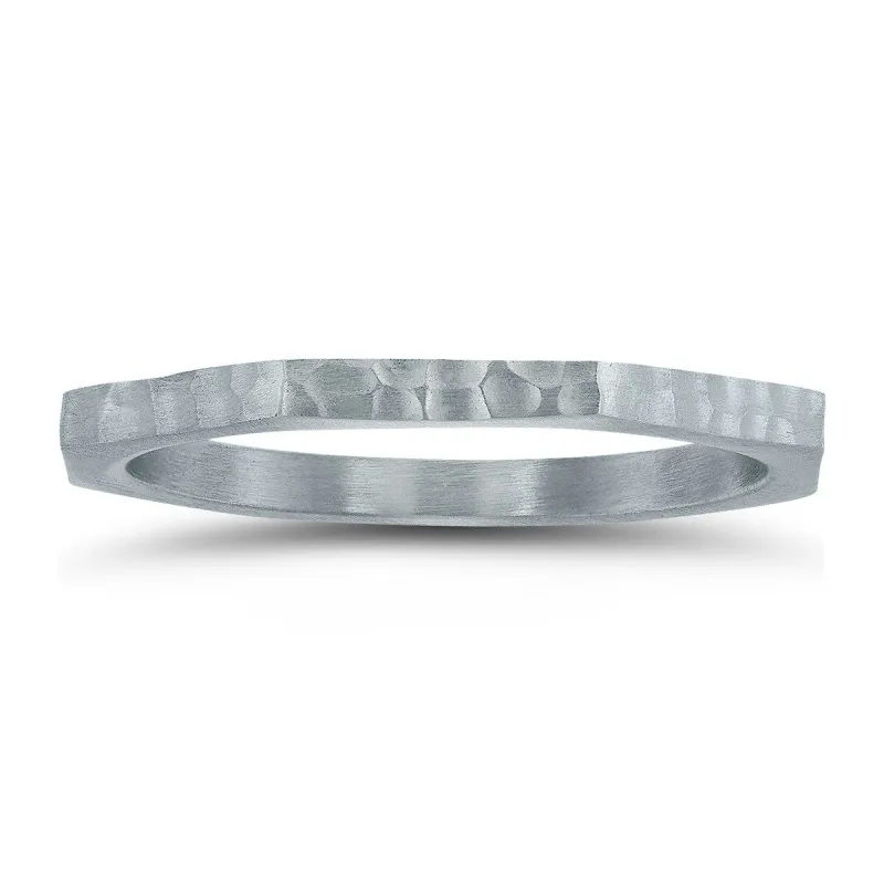 Thin 1.5MM Eight Sided Octagon Hammered Finish Wedding Band in 14K White Gold sold by Zulily