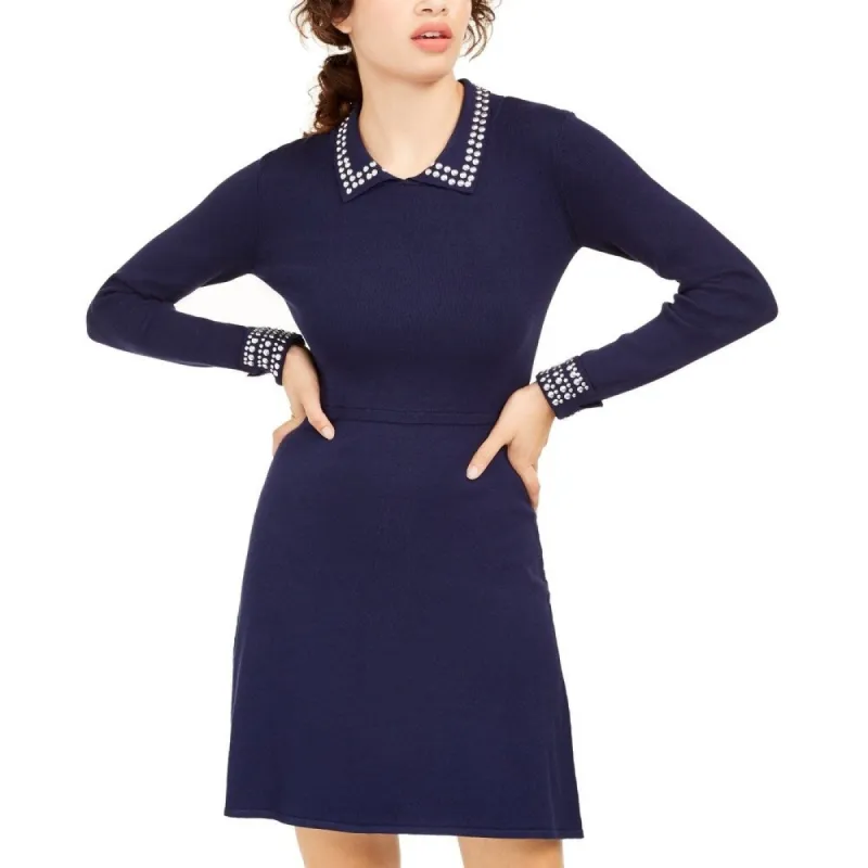 Planet Gold Women's Beaded Long Sleeve Collared Above The Knee Sheath Dress Blue Size X-Small sold by Zulily