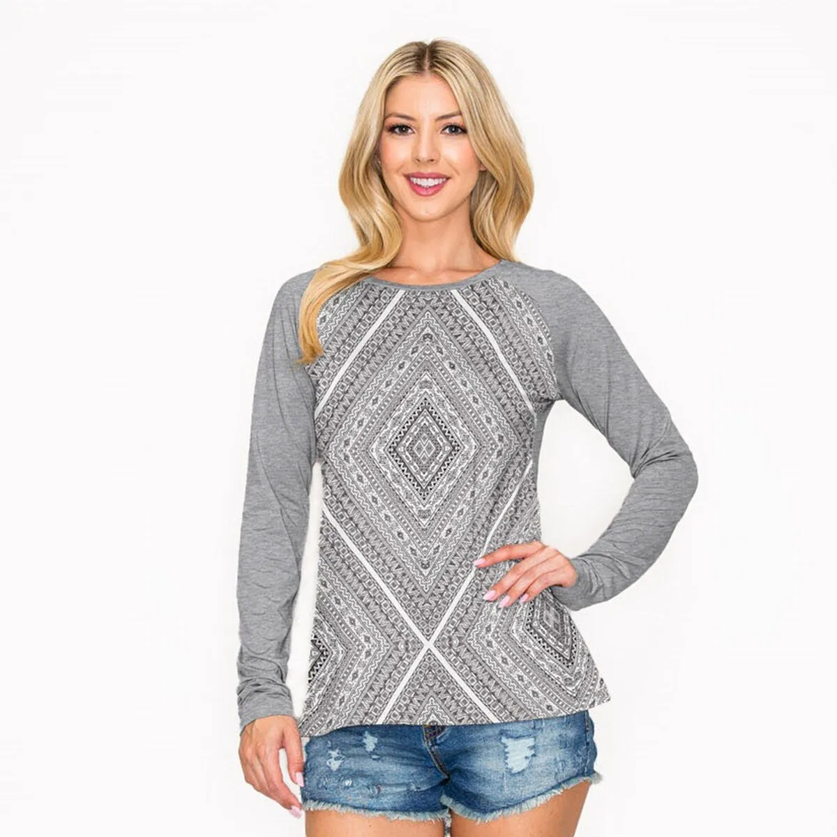 Grey Geometric Print Round Neck Long Sleeve T-Shirt sold by Zulily