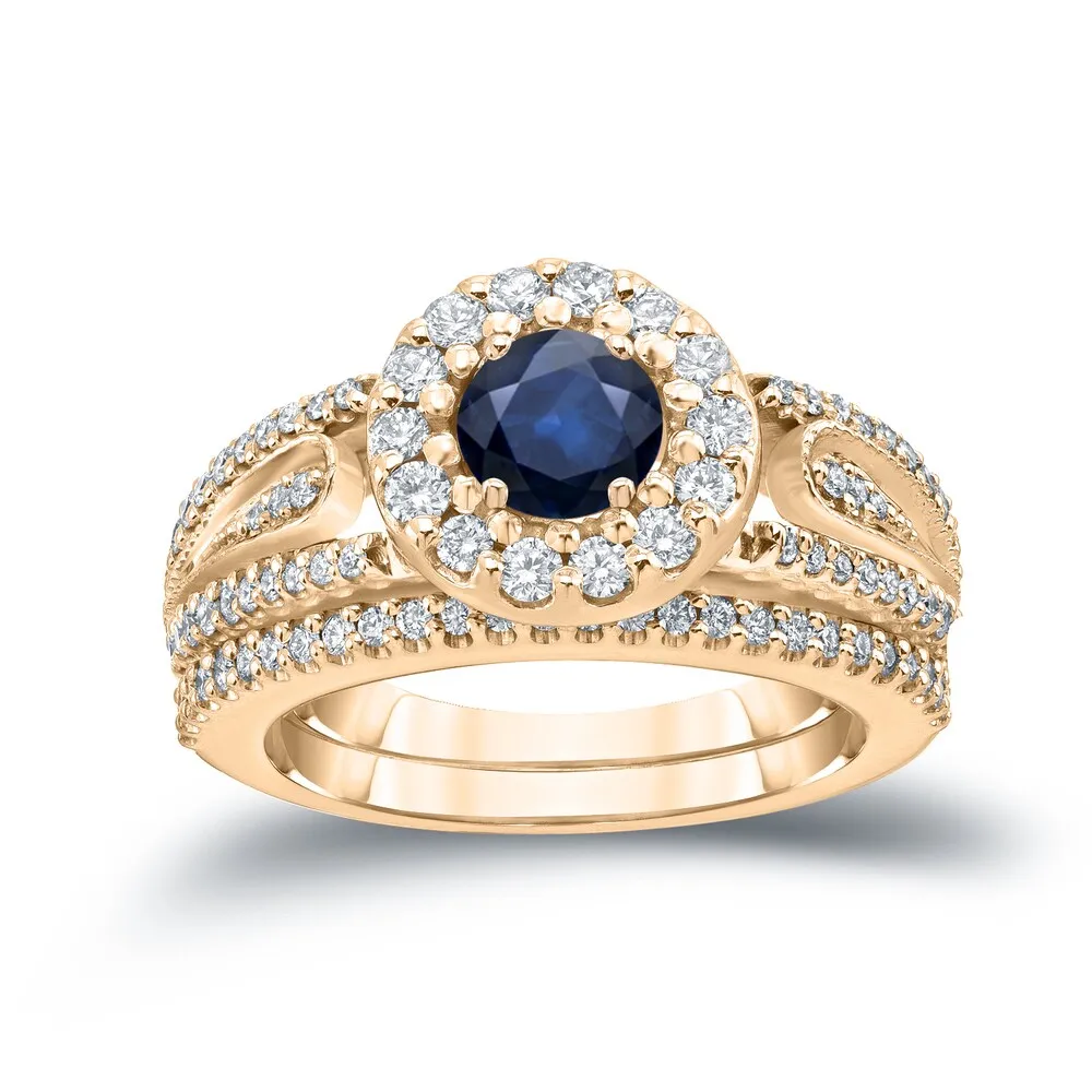 Auriya 1/4ct Blue Sapphire and 1/2ctw Halo Diamond Engagement Ring Set 14k Gold sold by Zulily product image thumbnail 2