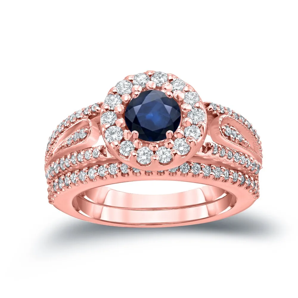 Auriya 1/4ct Blue Sapphire and 1/2ctw Halo Diamond Engagement Ring Set 14k Gold sold by Zulily product image thumbnail 3
