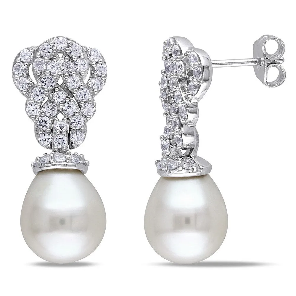 Miadora Sterling Silver Cultured Freshwater Pearl and Created White Sapphire Earrings (9-9.5 mm) sold by Zulily