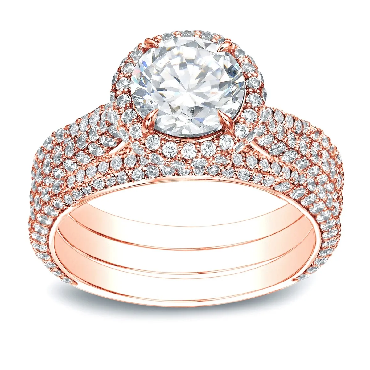 Auriya 3 1/5ctw Pave Halo Diamond Engagement Ring 3pc Set 14k Gold sold by Zulily product image thumbnail 3