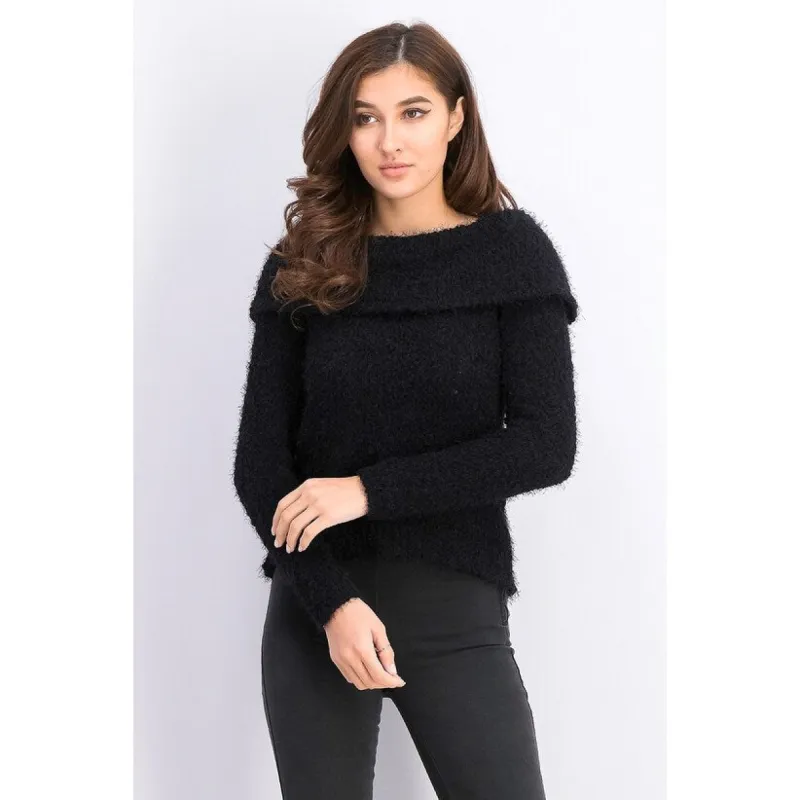 Freshman Juniors' Off-The-Shoulder Fuzzy Sweater Black Size Large sold by Zulily