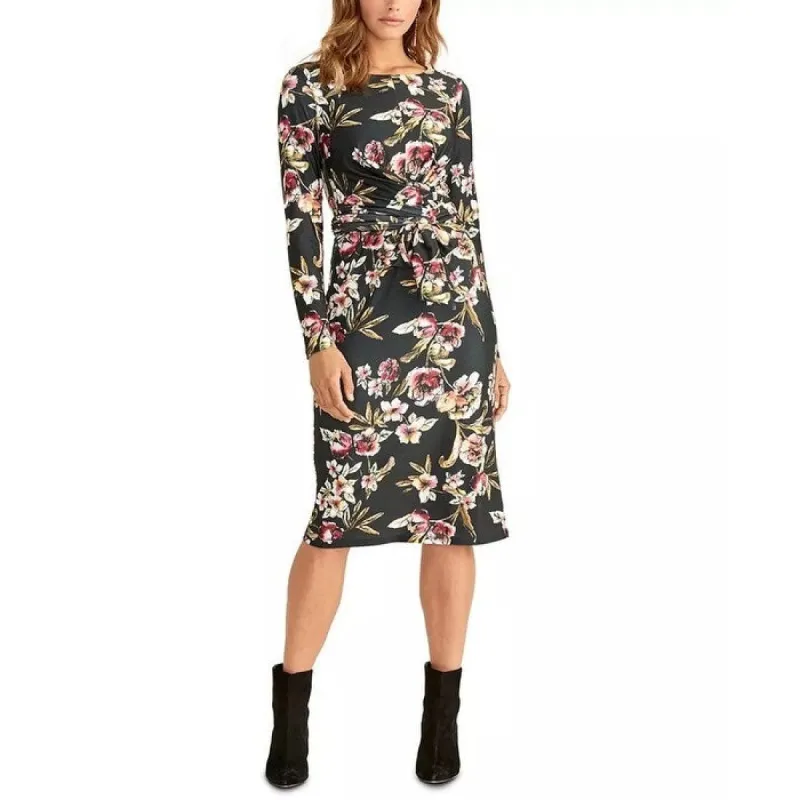 Rachel Roy Women's Floral Long Sleeve Jewel Neck Below The Knee Sheath Dress Black Size X-Large sold by Zulily