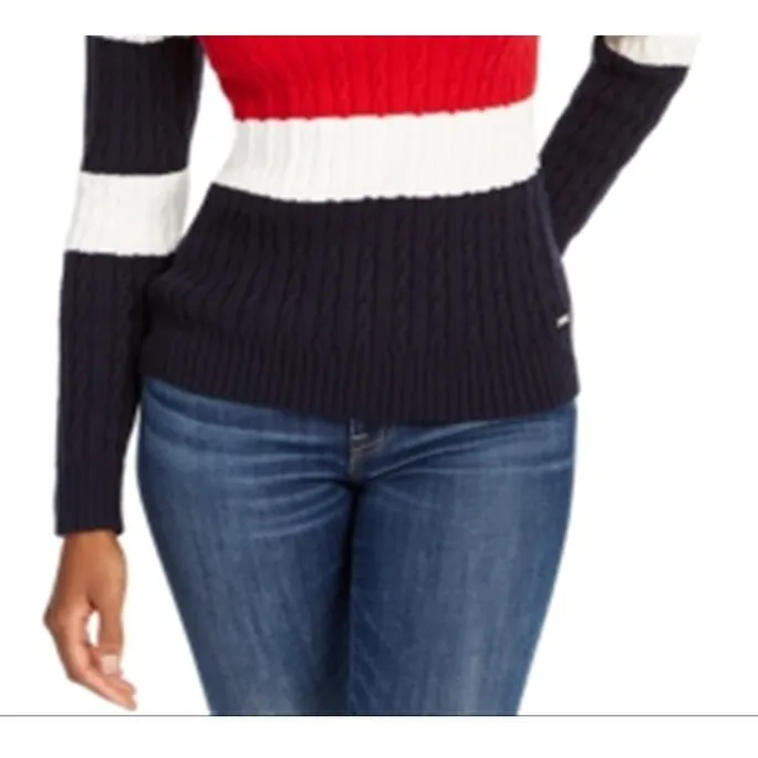 Tommy Hilfiger Women's Flag Colorblocked Cotton Cable Knit Sweater Blue Size XX-Large sold by Zulily product image thumbnail 3