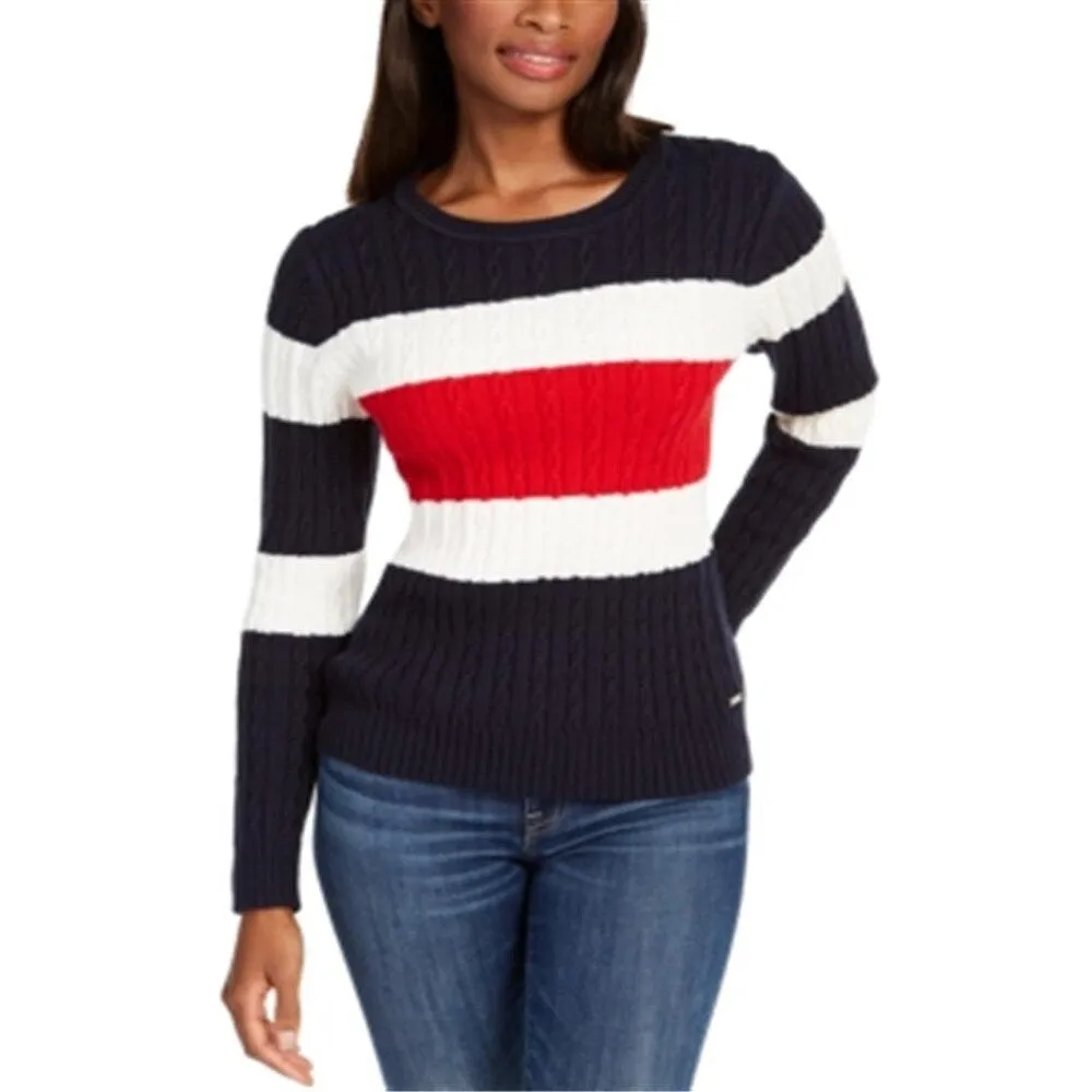 Tommy Hilfiger Women's Flag Colorblocked Cotton Cable Knit Sweater Blue Size XX-Large sold by Zulily