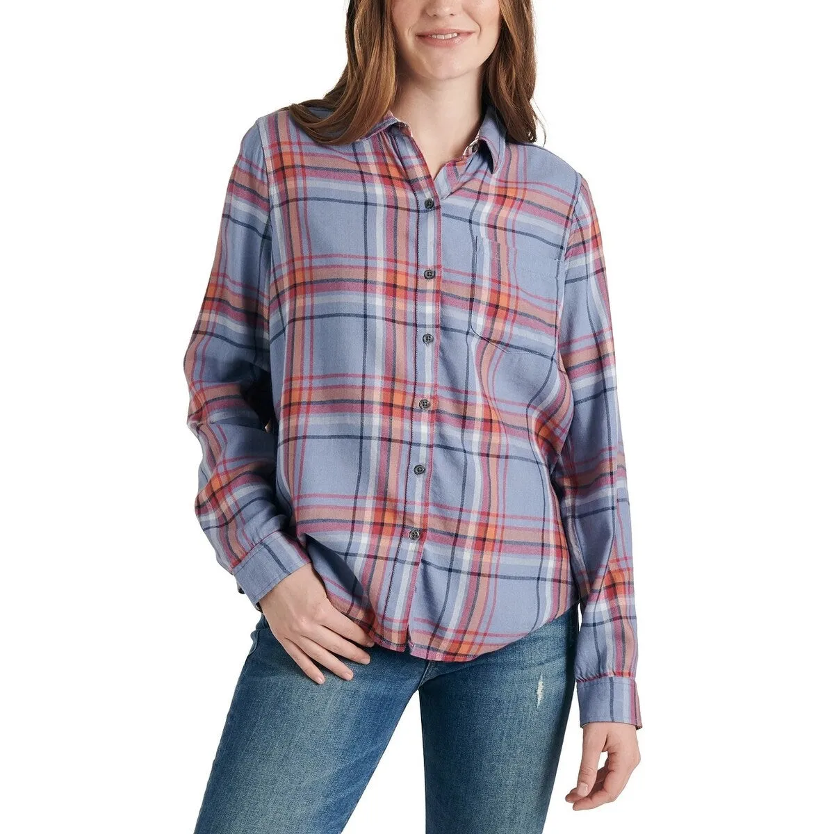 Lucky Brand Women's Classic Plaid Contrast Button Up Shirt Blue Size Medium sold by Zulily