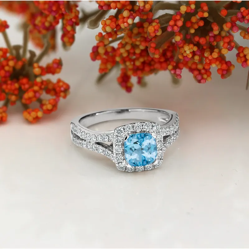 Auriya 9/10ct Cushion-cut Sky Blue Topaz Halo Diamond Engagement Ring 5/8ctw 14k Gold sold by Zulily