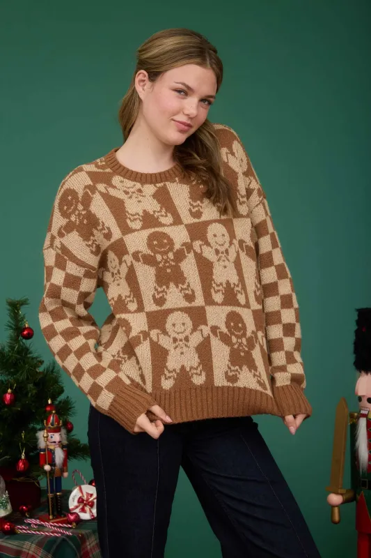 Checkered Gingerbread Jacquard Knit Sweater sold by Haystacks