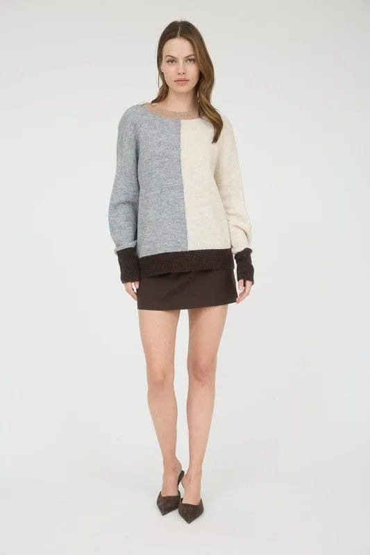Colorblock Front Seam Long Sleeve Knit Sweater made by Blu Pepper