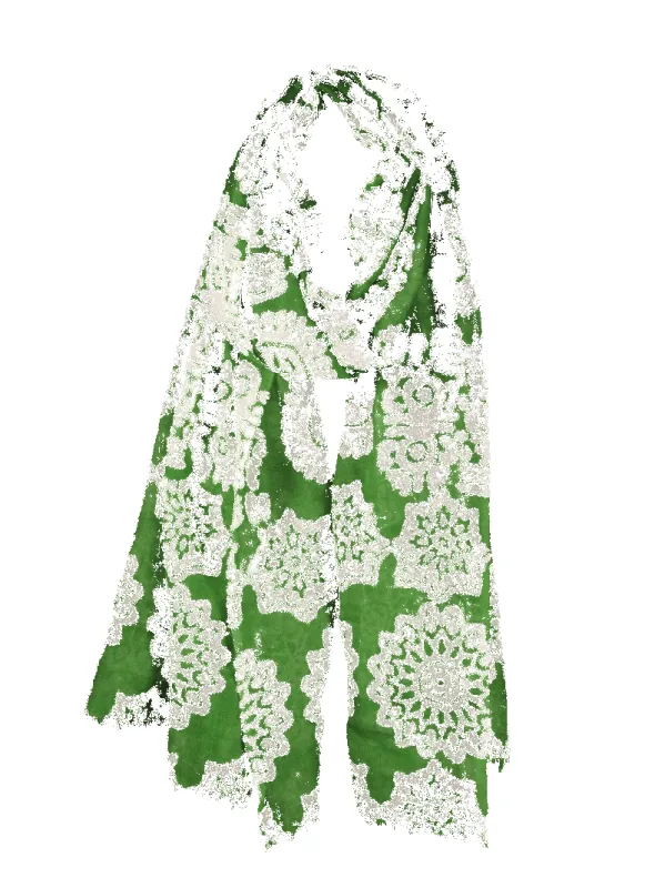 Medallion Print Lightweight 100% Wool Scarf - Green sold by Haystacks