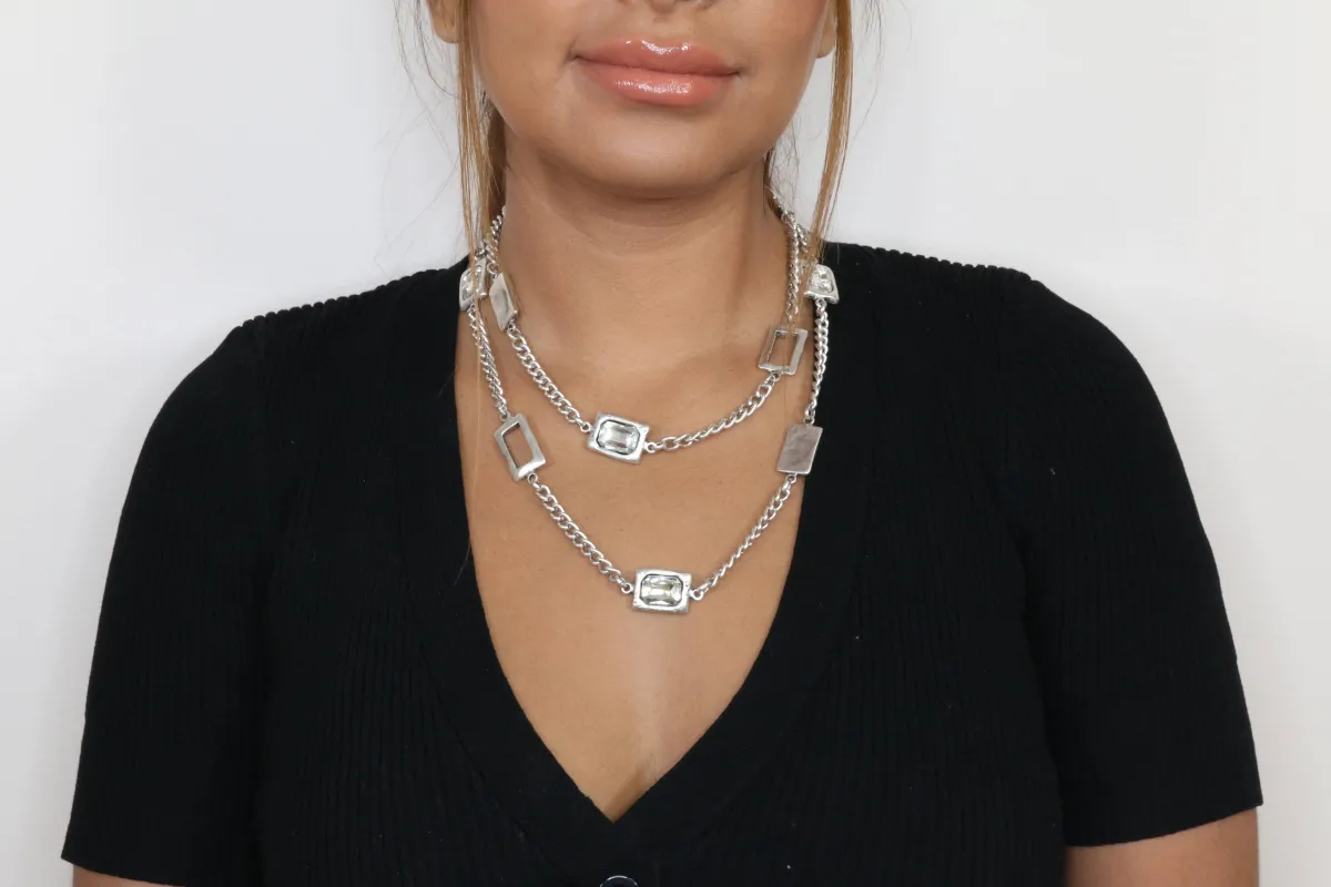 Long Pewter Squares and Gems Necklace sold by Haystacks
