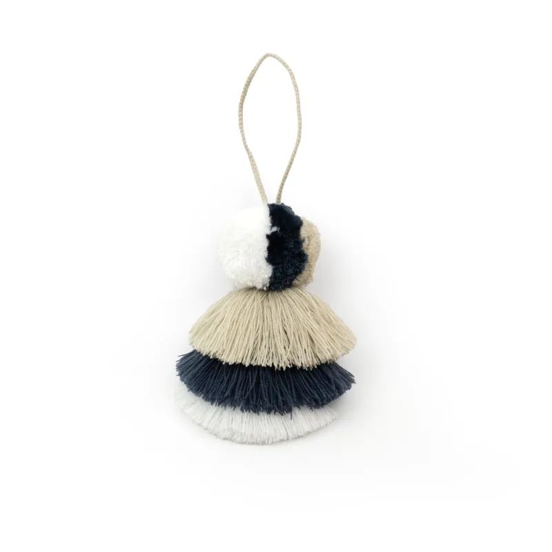 Juicy Pom | Round Pom, 3 Tassels in Blue, Beige and White sold by The Lilley Line