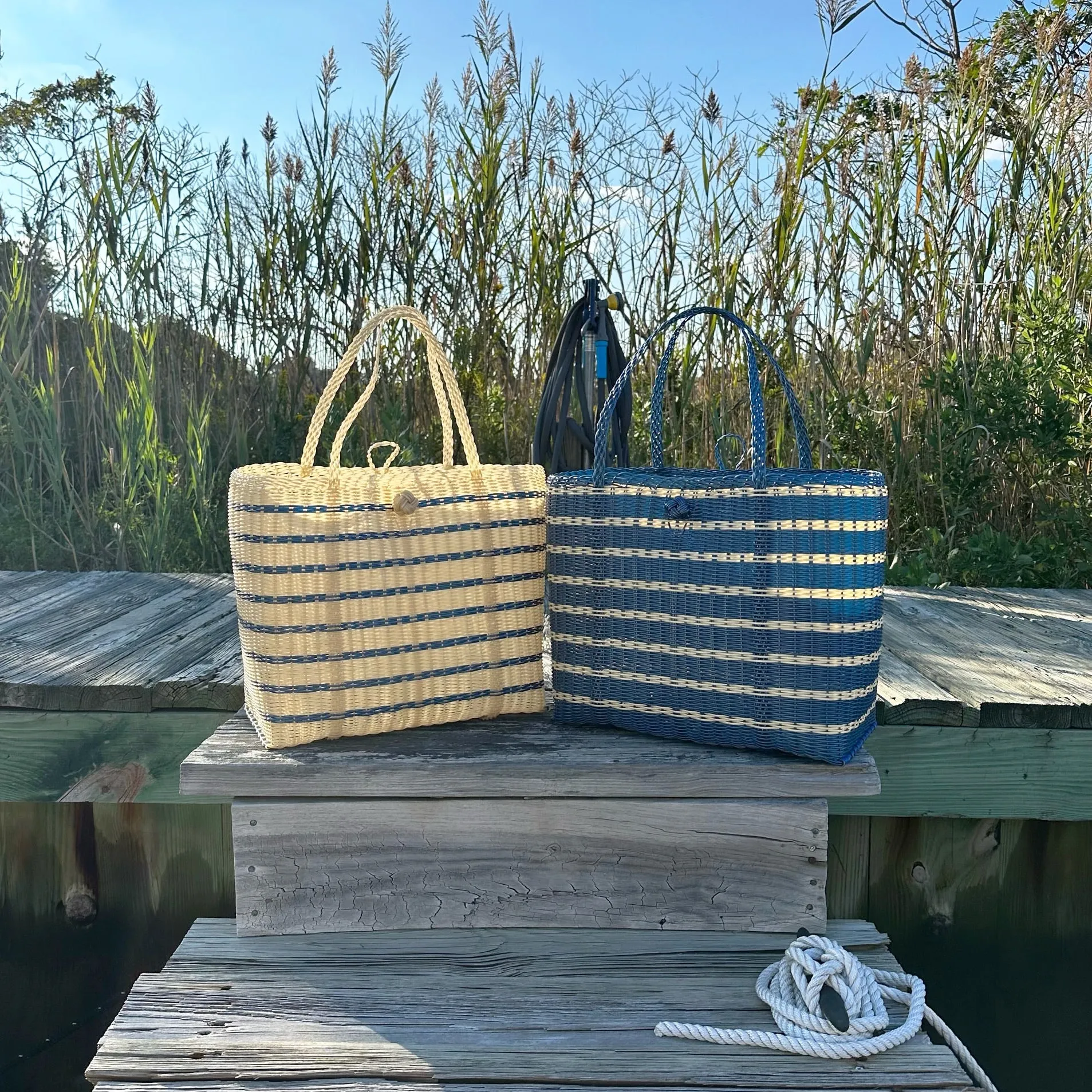 Extra Small Woven Tote Bag | Sailor Stripe - Fog Blue sold by The Lilley Line product image thumbnail 3