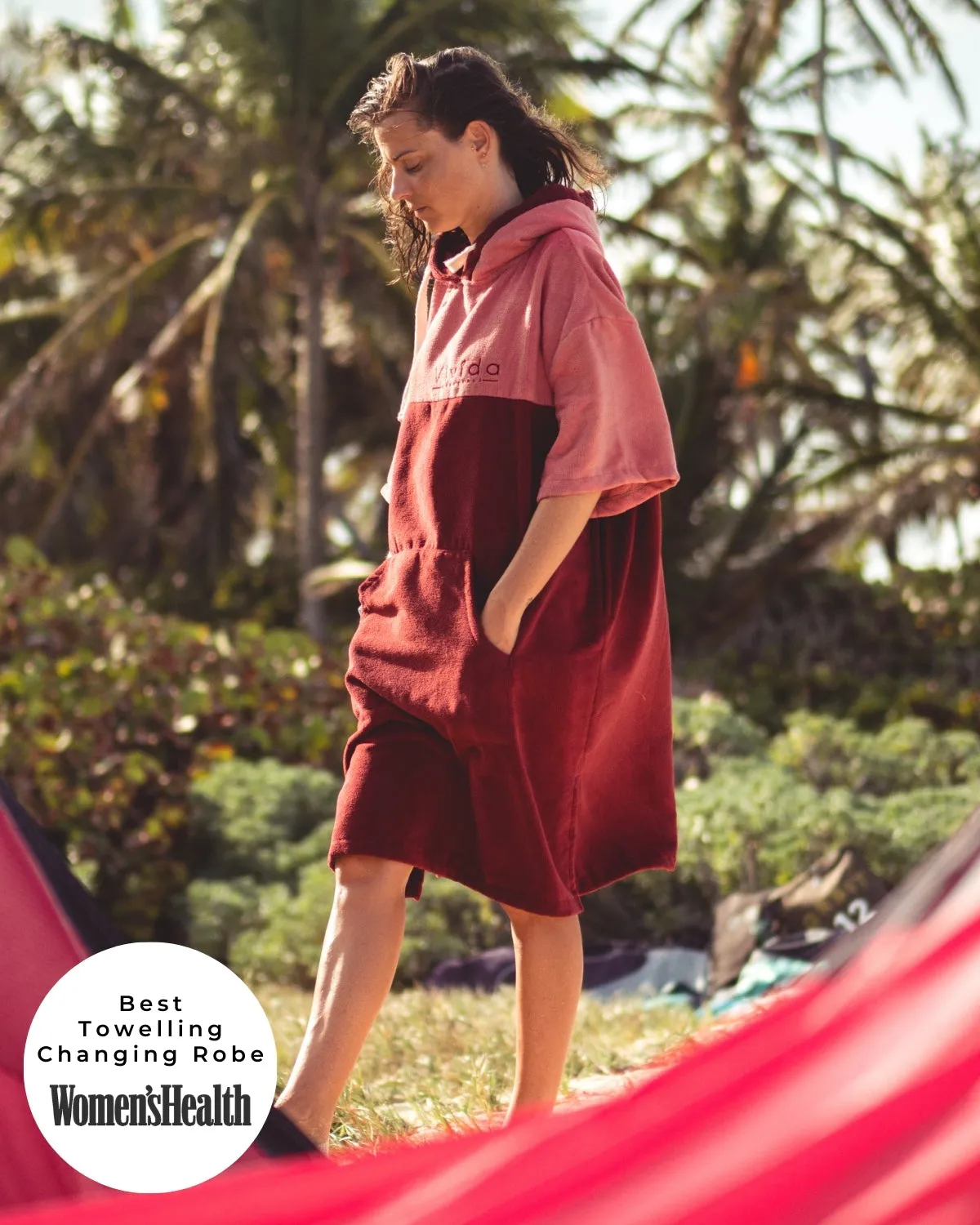 Original Poncho Towel Changing Robe - Blossom Pink / Rhubarb Red sold by Vivida Lifestyle