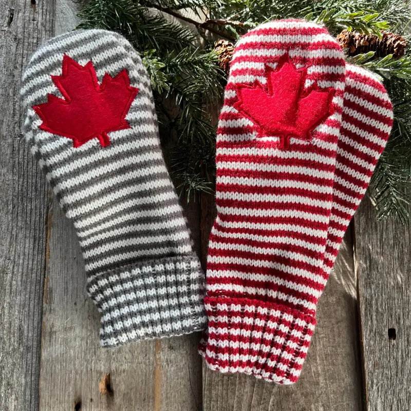 STRIPE MAPLE LEAF MITTS sold by Oh Canada WPG