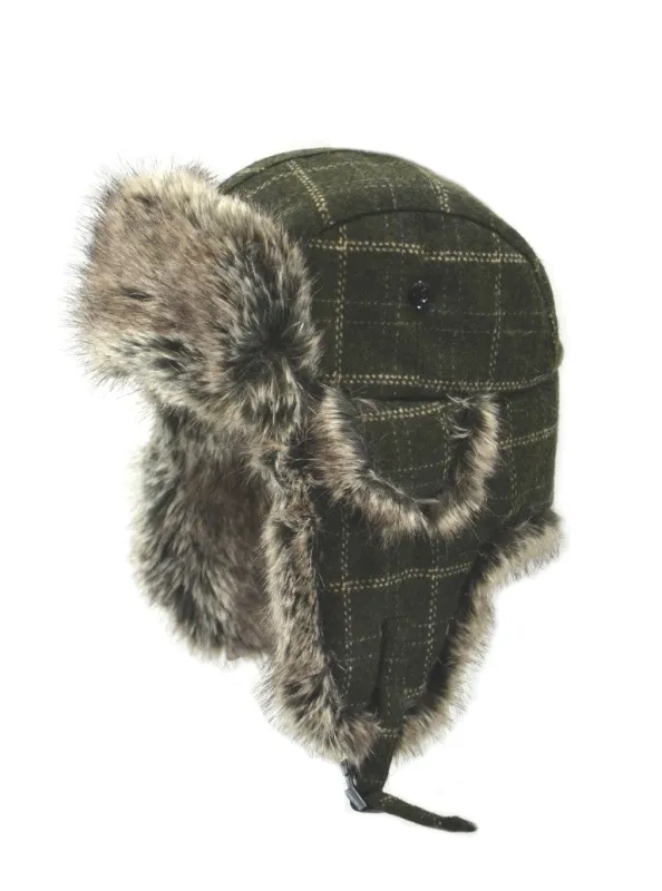 Wool Blend Plaid Twill Aviator with Faux Fur Trim sold by Crown Cap